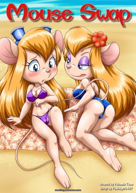 Two busty female mice in purple and blue bikinis use long tails to fuck each other's wet pussies on a sandy beach