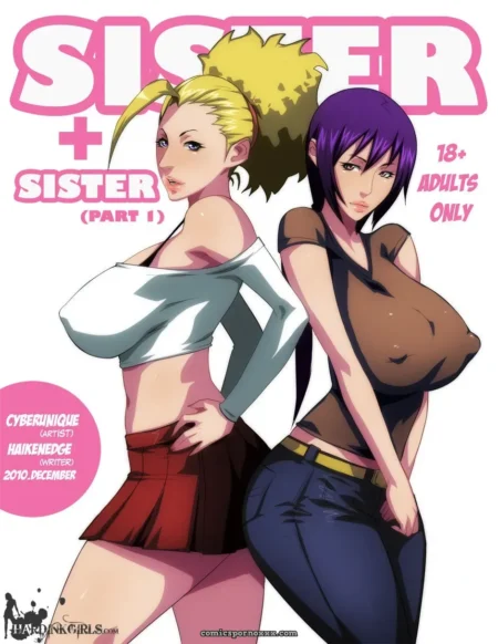 Blonde and purple-haired sisters in tight tops with large tits press against each other in red skirt and jeans