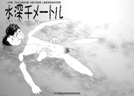 Nude male submerged 1000 meters underwater, floating with erect penis and visible pubic hair in monochrome illustration.