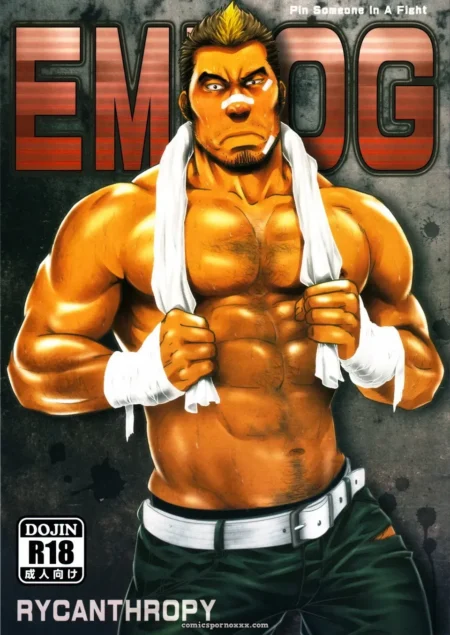Muscular man with spiky hair gripping neck towel, gloved fists clenched, unzipped pants exposing erect bulge.