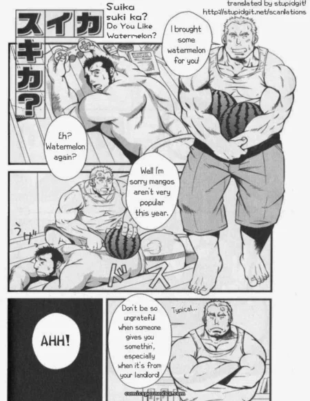 Muscular man forces watermelon into prone man's mouth, thrusting it deep while he gags and swallows roughly.