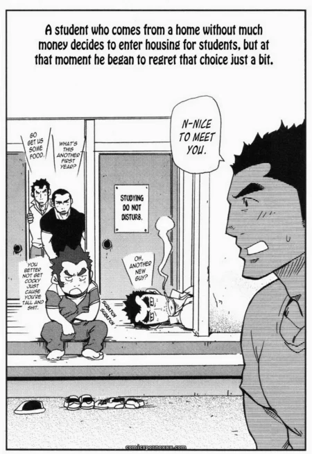 Man ejaculates on dorm floor as peers watch, N-NICE TO MEET YOU spoken near DO NOT DISTURB sign.
