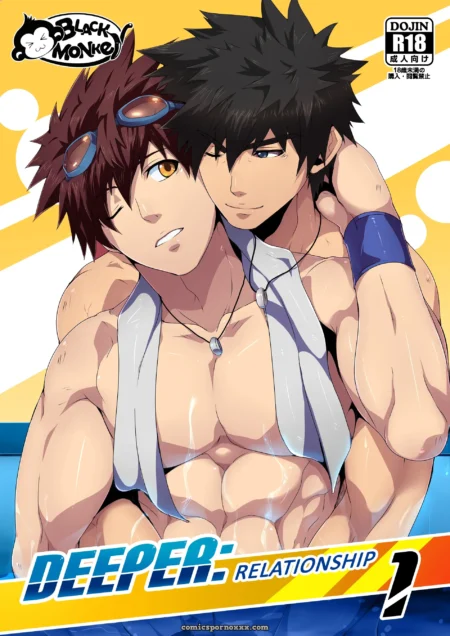 Sweaty shirtless men with chiseled torsos, black-haired one with blue wristband thrusting against brown-haired goggled lover's chest