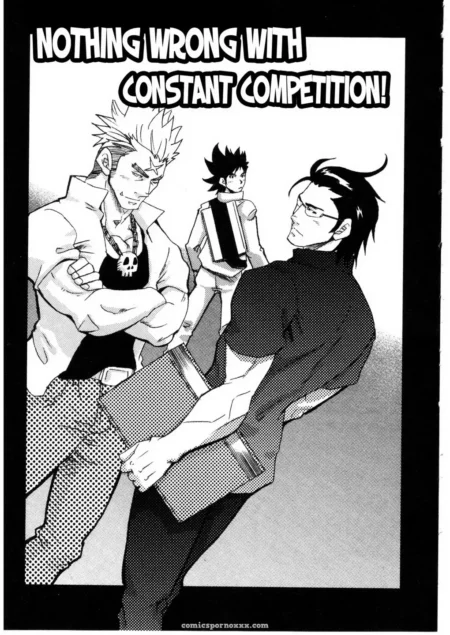 Glasses-wearing man bends over, tight pants straining over ass, spiky-haired man's hand near crotch as another watches.