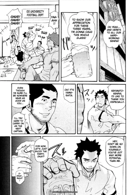 Men in manga panels toast with sake as one shoves his hand down another's pants, grinding hips roughly against him.