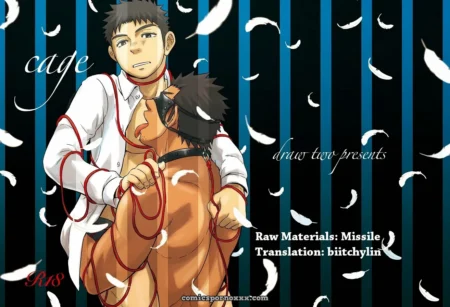 White-shirted man binds blindfolded, gagged kneeling man with red rope, forcing explicit oral sex, skin exposed