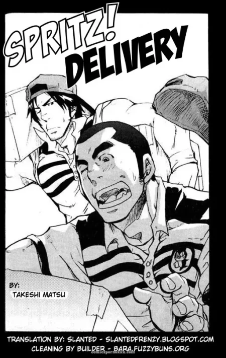 A man in a striped polo grimaces as another man fucks him anally from behind during Spritz Delivery