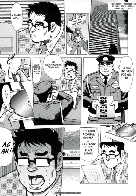 Man in glasses gapes at explicit CD, sweating as virus-infected porn plays on office monitor with bike express package