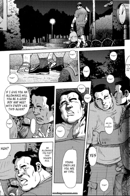 Man in suit leers at teen's feet, promising allowance for sex while demanding they meet daddy again in dark park.