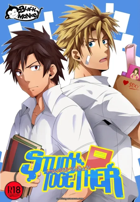 Two men in white shirts, one with books, other holding 'SEXY' bag, both with visible erections under tight shirts