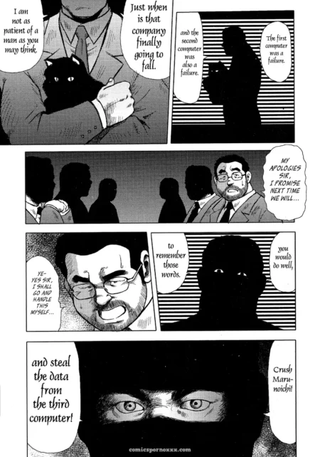 Man in suit grinds black cat against crotch in dim conference room while silhouettes steal data from computers