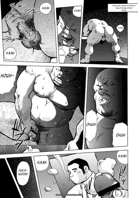 Sweaty muscular man grunts HAAH during forceful anal penetration, sweat dripping as he thrusts with intense exertion.