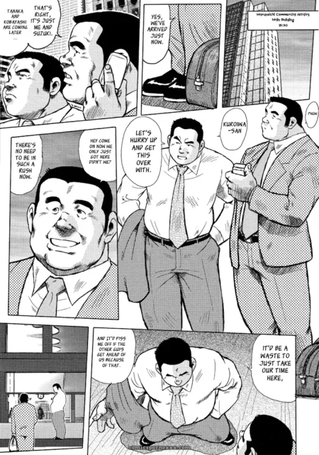 Kneeling businessman in dress shirt sucks suited man's cock, semen on face.