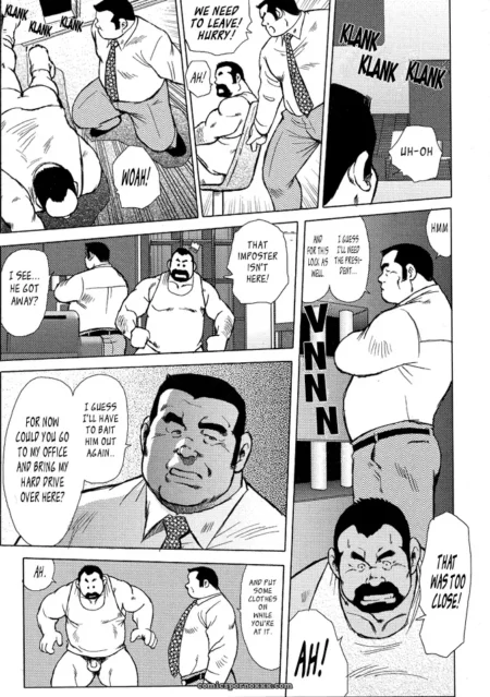 Bulky suited businessman forces another's head onto his erect cock in office, shouting AH with KLANK sound effects