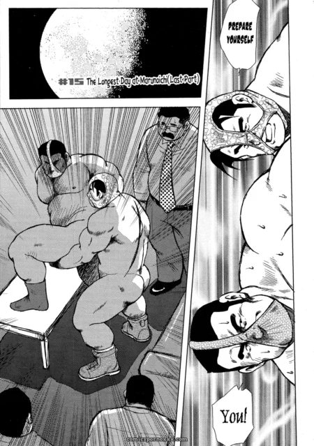 Two muscular men engage in intense anal sex on a table as a suited man watches, one shouting you amid sweat and strain.