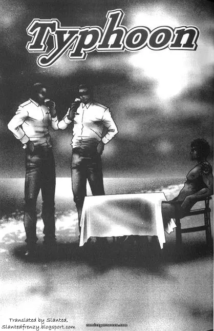 Two men smoke as a nude woman sits on chair with legs spread, cloth-covered table before her under stormy sky