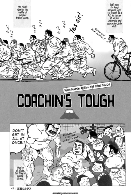 Sumo trainees in mawashi crush together, cocks straining as the coach on a bike leers at their throbbing erections