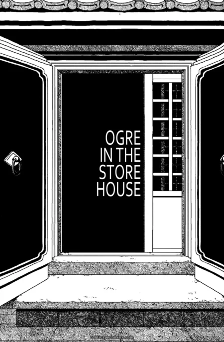 Ogre's thick cock fucks a woman's wet cunt inside the storehouse, her bare ass pressed against the sliding door.