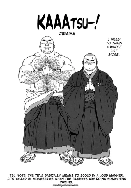 Shirtless sumo monk kneels, grinding cock against robed monk's hip while chanting KAAATSU-! loudly in monastery.