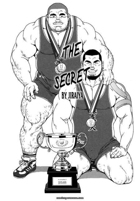 Two massive men in singlets wear medals; kneeling bulging crotch strains fabric, standing thick cock pressing shorts