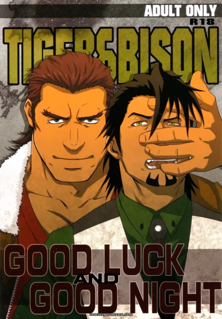 Tiger & Bison: muscular man in red jacket shoves hand over another man's mouth, tight clothes straining with erections