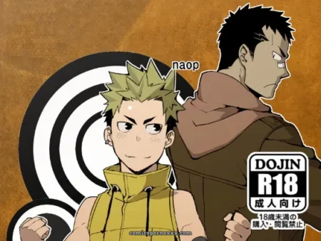 Green-haired figure in yellow sleeveless hoodie with erect nipples, brown-hooded figure gripping waist, R18 dojin spiral backdrop