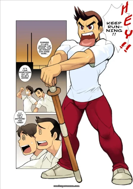 Straining red pants hug muscular thighs, white shirt clings to bulging chest yelling HEY KEEP RUNNING throbbing crotch
