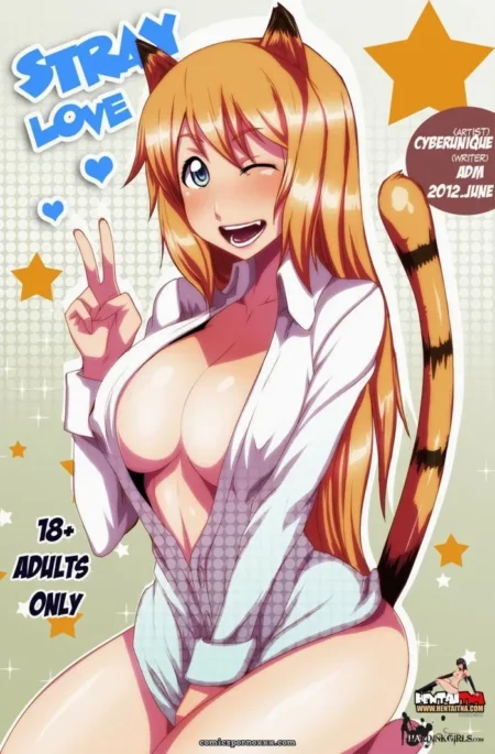 Orange-haired cat-eared with striped tail, unbuttoned shirt exposing huge tits, light blue shorts, winking peace sign
