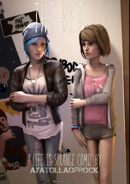 Blue-haired figure in leather jacket and graphic tee bets to fuck brown-haired figure in pink tank top and shorts.