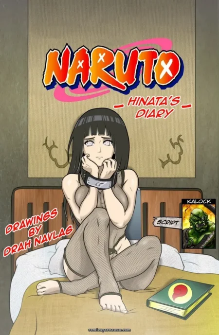 Hinata in fishnet bodysuit on bed, bare feet, thighs spread, mesh clinging to ass, nipples erect through fabric