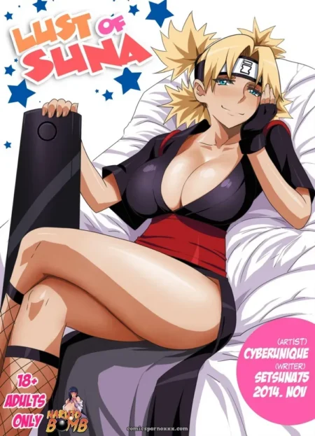 Suna spreads legs in fishnets holding black dildo, ample cleavage straining dark top with red sash on white bed
