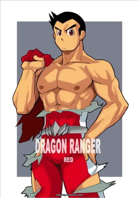 Dragon Ranger Red's torn red pants expose hard cock and balls, muscular chest, fist clutching red cloth