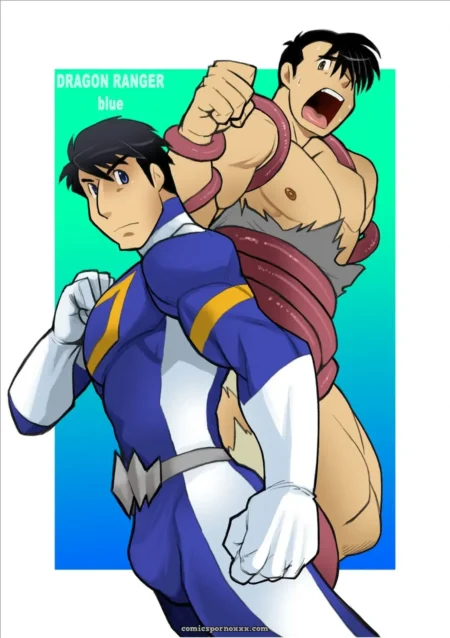 Shunpei Nakata in tight blue suit straddled by shirtless muscular man with red sash gripping waist, cock straining against fabric.