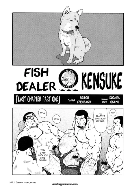Muscular men with exposed cocks groan as they crowd a kneeling man, one demanding You ready to get some Kensuke?
