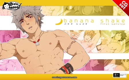 Muscular gray-haired man with red necklace, wristbands in explicit male-male sex scenes from Banana Shake 1st Service CG