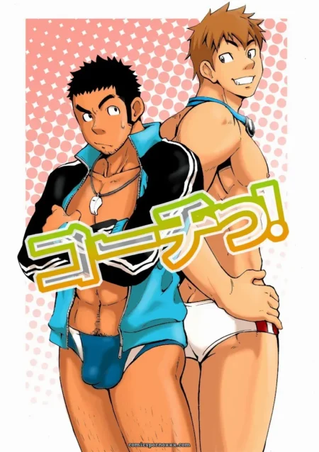 Coach! Two muscular men in open jackets and underwear one blue zippered the other white gripping ass exposed crotches