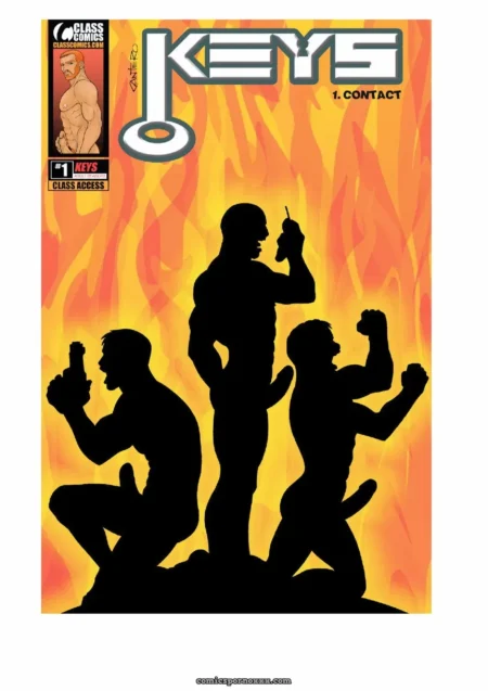 Three muscular men in flames; one holds key to lips, others kneel with guns, hard cocks and defined abs on display