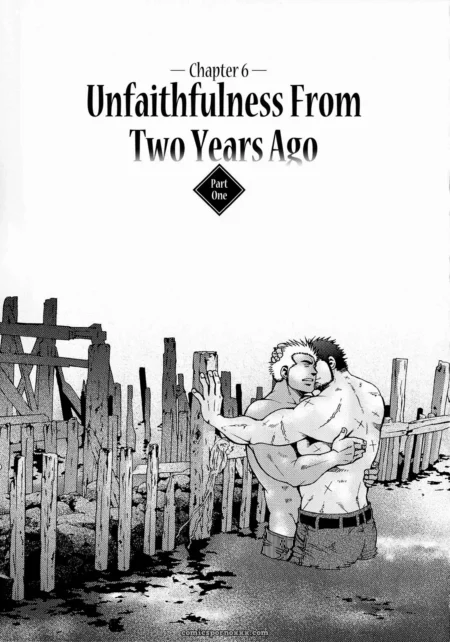 Two shirtless men kiss and grope each other against a broken wooden fence, one hand gripping the other's bare back.