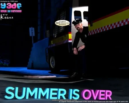 A police officer leans against a squad car at night, hands on knees, ready to fuck as SUMMER IS OVER glows below