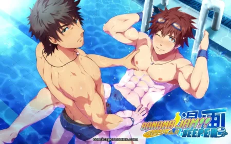 Two muscular men in swim trunks grind in a pool, one gripping crotch and chest, water splashing their glistening skin