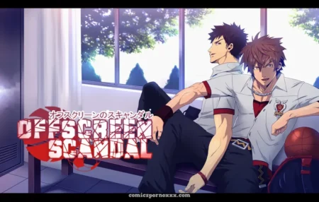 Two fit men in school uniforms sit close, one's hand squeezing the other's cock through pants while kissing deeply.