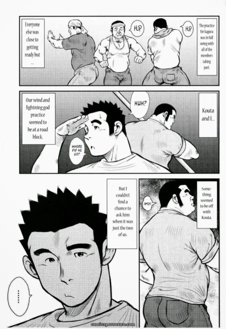 Muscular men in tight shirts sweat as one thrusts his bulging crotch against another's ass during rehearsal