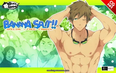 Shirtless muscular man with ripped abs, green goggles around neck, hands behind head, Banana Split Special: Free! Fanmix
