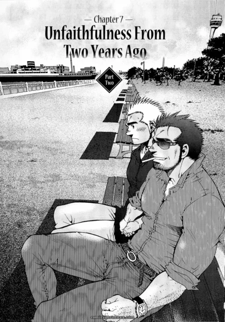 Spiky-haired man in open shirt holds short-haired lover's hand, crotch bulge visible on bench in city park