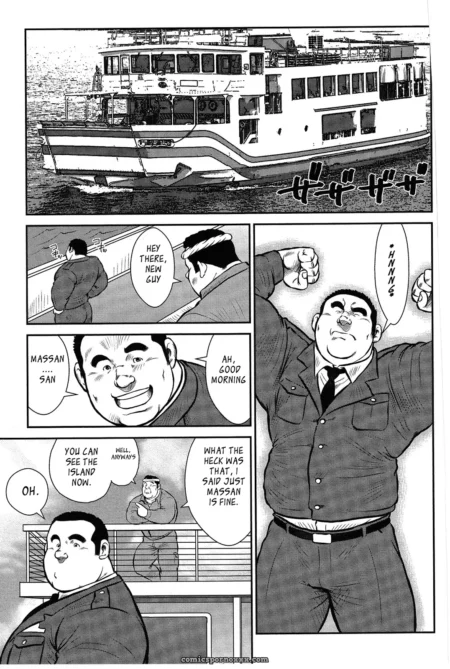 No NSFW content in manga panel showing men on ferry and in uniforms with dialogue bubbles.