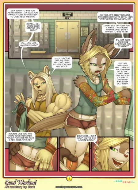 Two anthropomorphic felines, tattooed and towel-wrapped, fuck explicitly in a locker room.