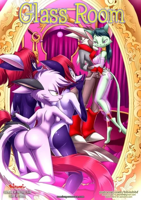 Green cat in red boots straddles purple anthro as white-furred one grinds against them in Glass Room's ornate frame