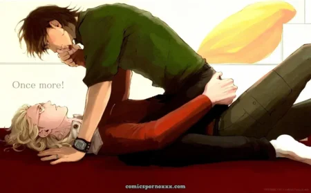 Yoshi in green shirt straddles blonde partner on red surface gripping hips while thrusting red top visible under green