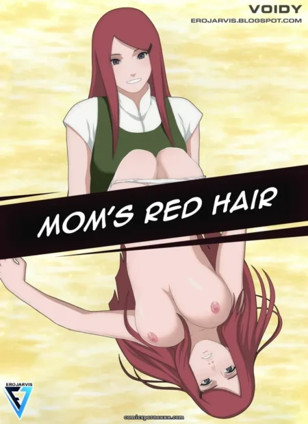 Red-haired woman in green dress and white shirt upside down with bare breasts and erect nipples.