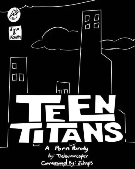 Jinx and Raven fuck passionately on a Teen Titans porn parody cover with bold text and city skyline